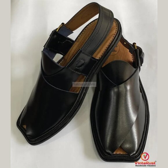 Classic Black Leather Peshawari Chappal, Genuine Handmade Peshawari Chappal main image 6